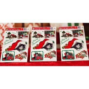 3 Vintage Color Clings Christmas Window Cling Holiday Decorations Cats Dogs
